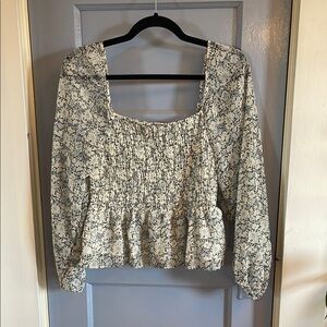 American Eagle Outfitters Cream and Green Smocked Peplum Blouse